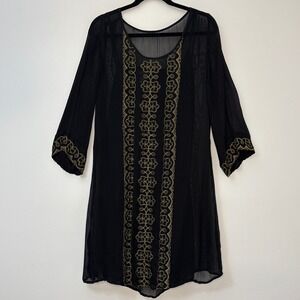 Lucky Brand Black Gold Embroidered Sheer Shift Dress Womens Small